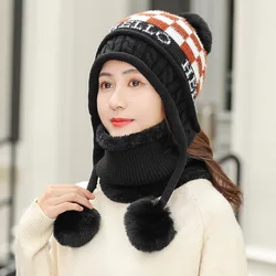 Autumn and Winter New Women's Ear Protection Three Wool Ball Wool Hat Plush Warm Outdoor Knitted Hat Bib Two-piece Suit