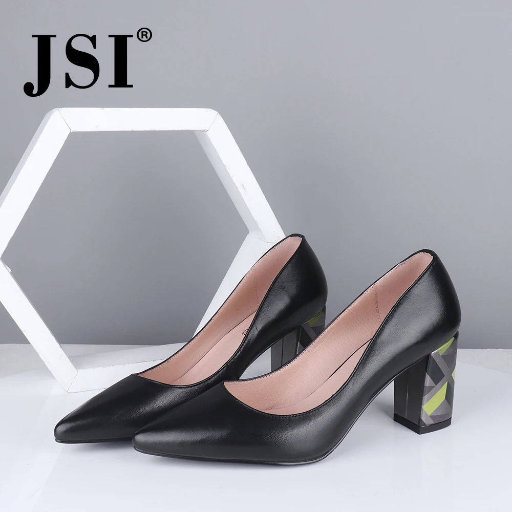 

JSI Spring Square 7.5cm Heel Pumps Slip-on Handmade Sheepskin Concise Pointed Toe Mature Women Shoes Elegant Office Pumps JC700