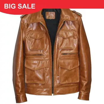

2020 Brown Men Smart Casual Leather Jacket Plus Size XXXL Genuine Cowhide Russian Spring Slim Fit Leather Coat FREE SHIPPING