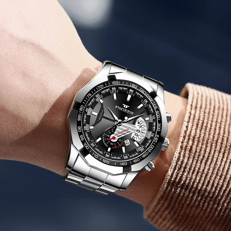 FNGEEN Luxury Men's Watches Stainless Steel Band Fashion Waterproof Quartz Watch For Man Calendar Male Clock Reloj Hombre S001