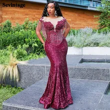 

Sevintage Mermaid Glitter Evening Dresses Sequined Tassel Long Prom Gowns Sparkly Scoop Special Occasion Formal Women Dress