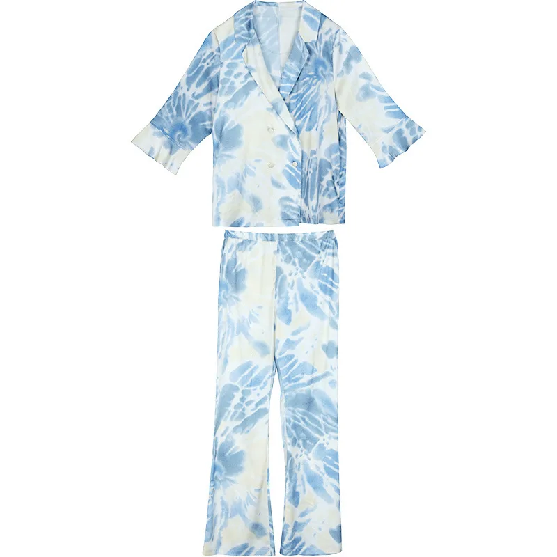 Irene Tinnie Female Pajamas Set Sexy Satin Silk 2 Pieces Spring Autumn Sleepwear Women Long Sleeves Printed Elegant Homewear