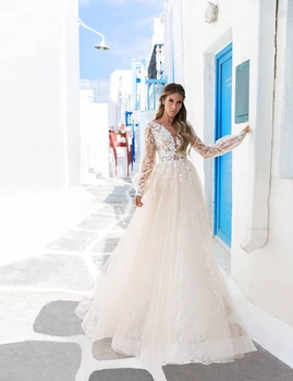 

2020 New Free Shipping Champagne Lace Tulle Wedding Dresses Long A-line Bridal Gown Long Sleeves Backless vestidos de novia robe