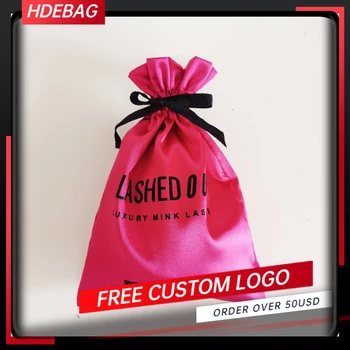 

100PCS 10x15/13X18cm Hot-pink Silk Satin Ribbon Drastring Pouches Eyelashes Cosmetics Beauty Products Packaging Bags Custom Logo