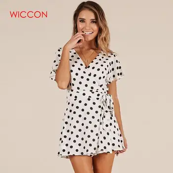 

2020 Beach Party Casual Belt Lace Up Romper Sexy Polka Dot Playsuits Female Jumpsuits V Neck Rompers Women's Playsuit