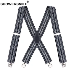 SHOWERSMILE Vintage Suspenders Wide 5cm 4 Clips X Back Braces For Trousers Elastic Grey Geometeric Male Shirt Suspenders 120cm