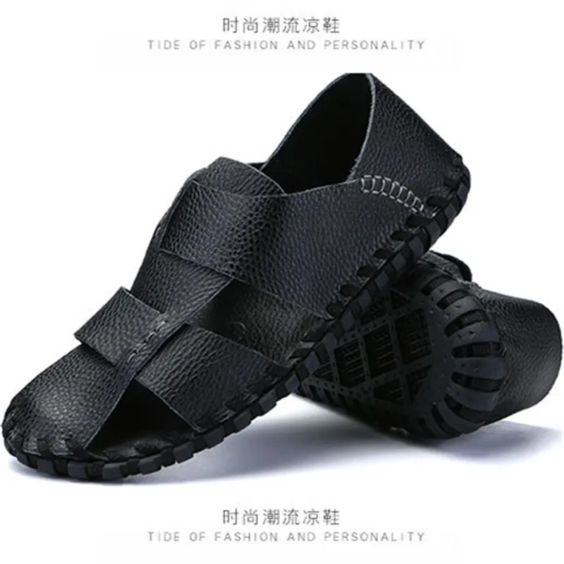 Men Sandals Genuine Leather Gladiator Casual Beach Shoes Fashion Non Slip Confortable Mans Sandal - Цвет: Черный