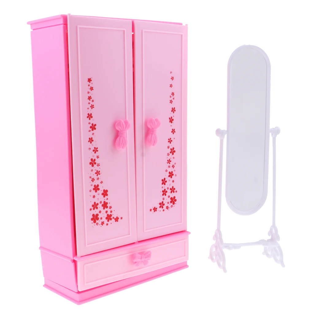 

Dolls Wardrobe with Mirror Set Furniture Play Set for 1/6 Doll House