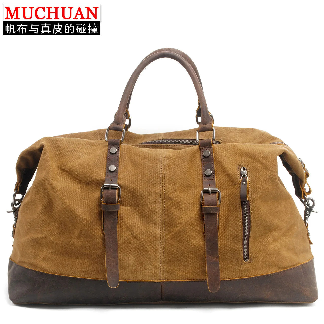 

Muchuan Large-Volume Men Handheld Traveling Bag Europe And America Water-Proof Oil Wax Canvas Shoulder Bag with Crazy Horse Cowh