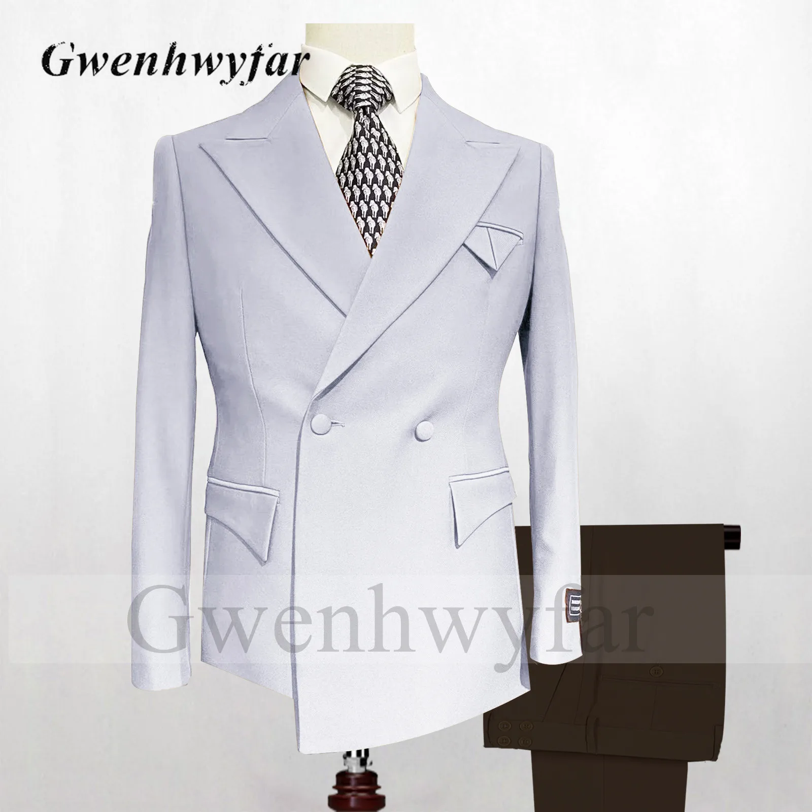 Nina Store Men's Suit Brown Blazer Black Pants Set Double Breasted Groom Wedding Tuxedos Asymmetry Length Jacket