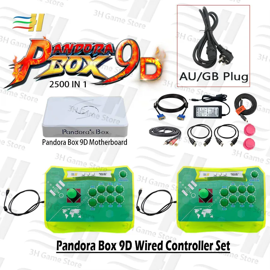 9D 2Pwired green GB Pandora Box 9D проводной контроллер Набор 2 игрока бой аркадная палка консоль usb Нулевая задержка 2500 в 1 HDMI VGA подключение к ТВ ПК ps3 - Цвет: 9D 2Pwired green GB