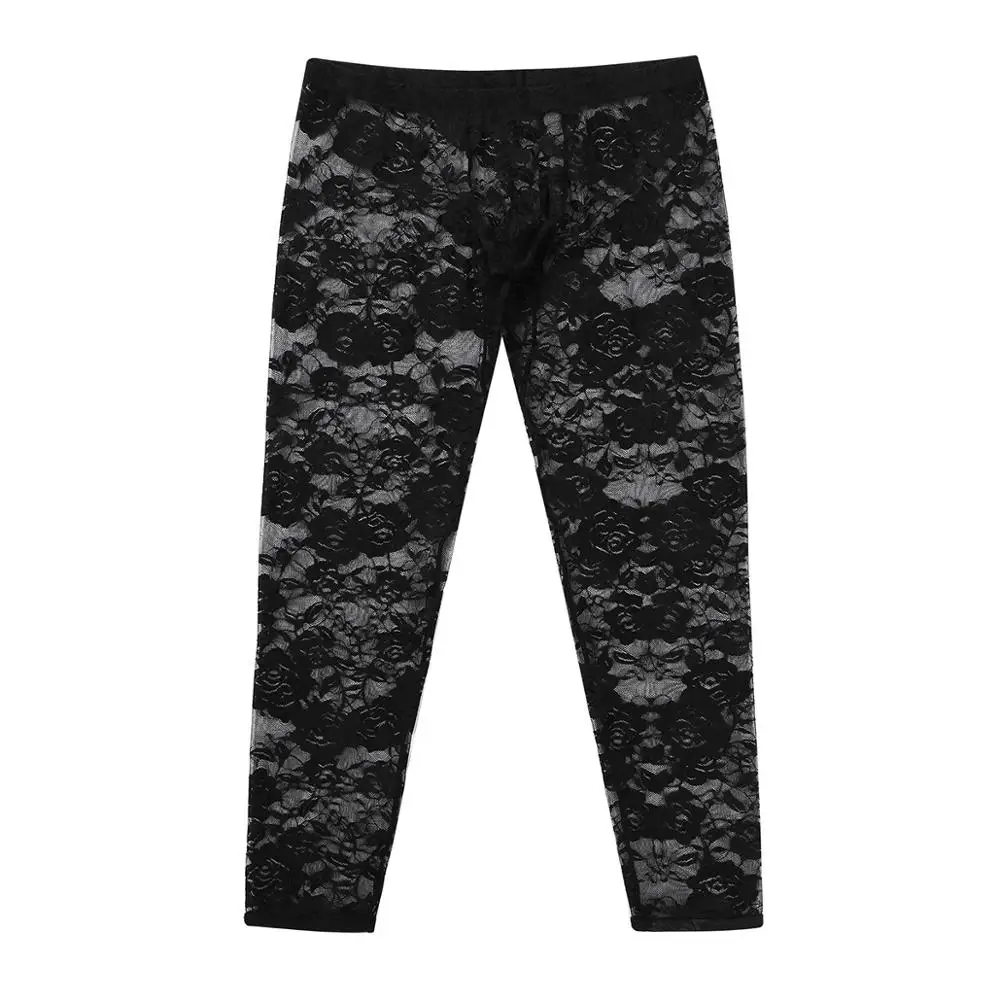 Mens Low Rise Bulge Pouch Tight Trousers Sexy Transparent Lace Floral Leggings Sissy Erotic Sheer Pants Fetis Gay Hot Nightwear