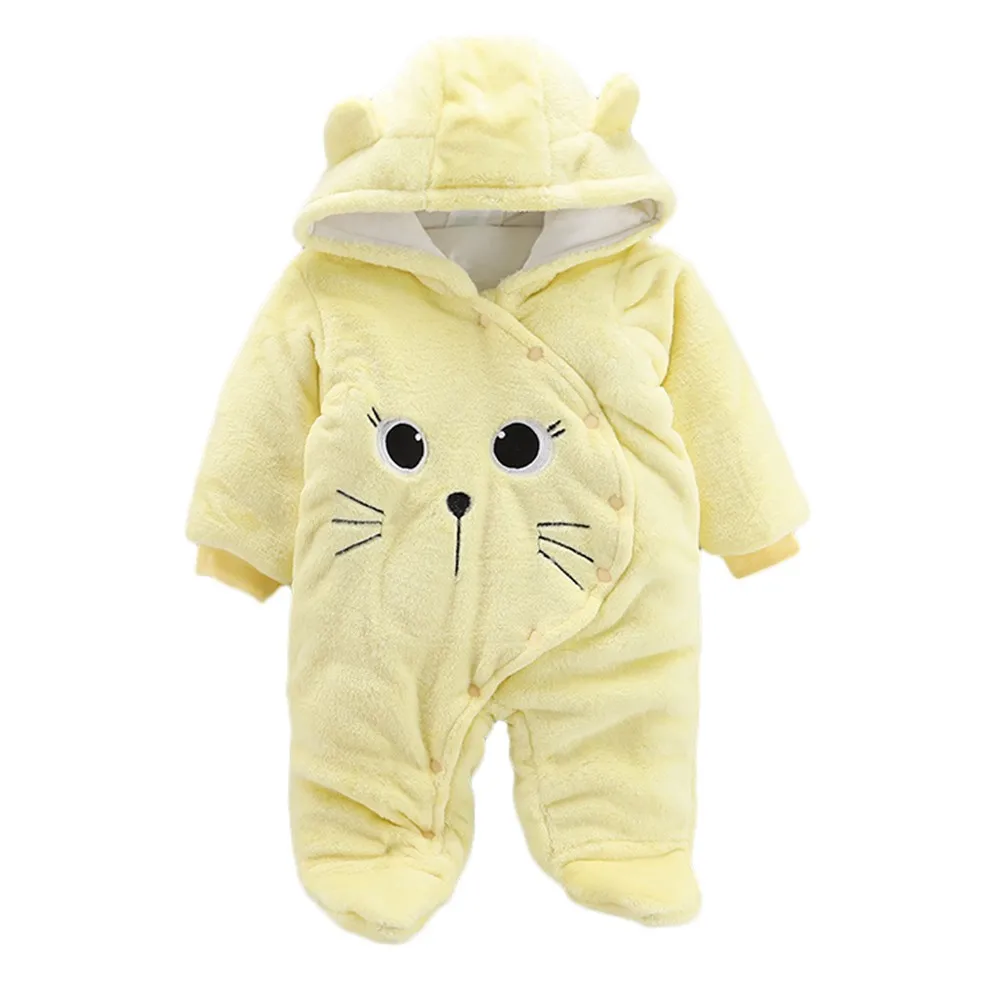 Newborn Baby Girls Boys Solid Cartoon Cat Velvet Hooded Jumpsuit Romper Clothes Jumpsuit One pieces Romper HOOLER - Цвет: Yellow