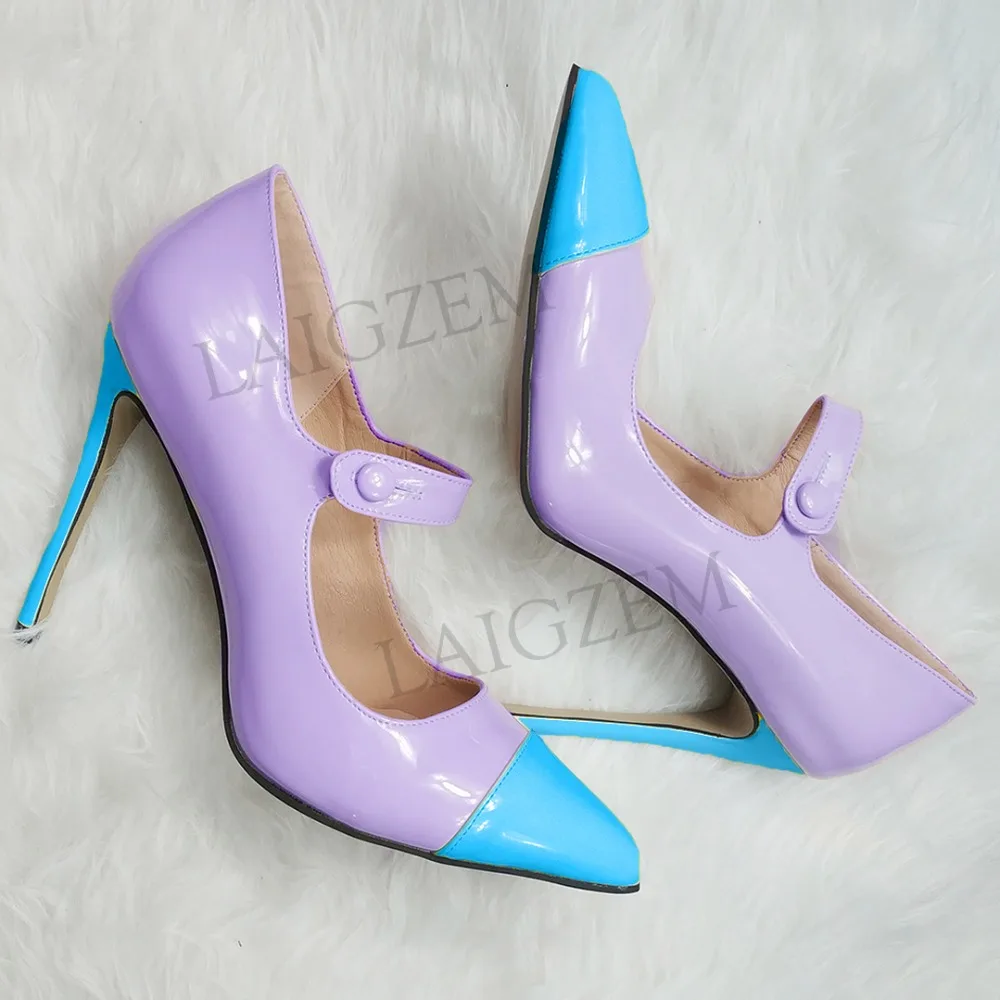 LAIGZEM/пикантные женские туфли-лодочки разных цветов на тонком каблуке; свадебные вечерние туфли Mary Jane; Цвет фиолетовый, синий; женская обувь года; большие размеры 34-47