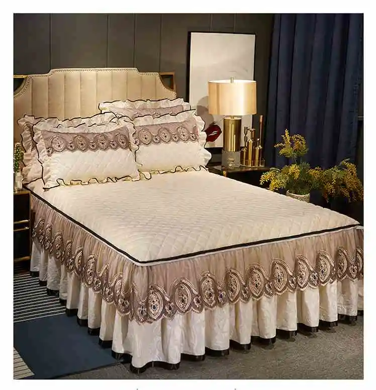 Beige Серый бархат плотное постельное белье кровать юбка наволочка 1/3 шт. кружева покрывало с хлопковое зимнее теплое покрывало простыни постельное белье домашний текстиль - Цвет: Beige