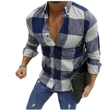 

2022 England Style Men's Clothes Single Breasted Cardigan Plaid Blouses and Shirts Button Up Trip Dating Beach Long Sleeve Tops
