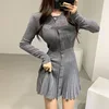 STYLISH LADY Single Breasted Ribbed Dress 2022 Spring Women Long Sleeve O Neck Party Sweet Knitted Pleated Mini Dress ► Photo 3/6