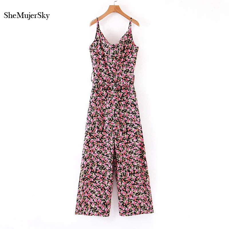 

SheMujerSky Summer Floral Print Long Jumpsuit Spaghetti Strap Sleeveless Sashes Overalls 2019 Rompers monos mujer