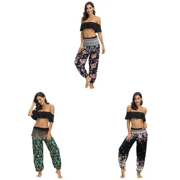 

Women Straight Loose leggings Lounge Pants Bloomers Indian Thailand Style High Elastic Waistband Pocket Flower Printed Pants