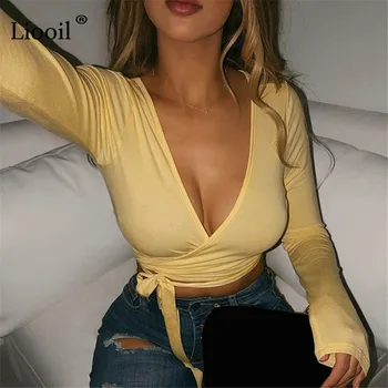 

Liooil Sexy T Shirts Tops Club Long Sleeve Bodycon Shirt Women V Neck Drawstring Black White Crop Top Womens Clothing Party Top