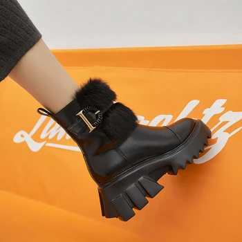 

HOT SALE Russian winter Women ankle boots Split leather +rabbit fur plush lining winter booties smooth-boxleather platform shoes