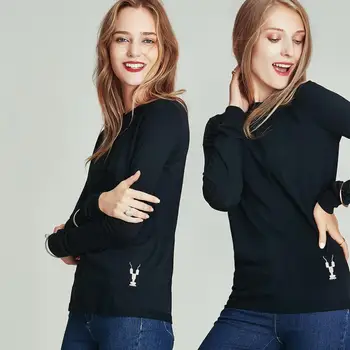 

HAVVA Spring Autumn Slim Fit Black T-Shirt Women's O-neck Embroidery Fashion Top T4029