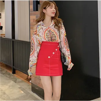 

Spring Turn Down Collar Printed Long Sleeves Shirt + Hip Skirt Set Two Piece Dress Sets