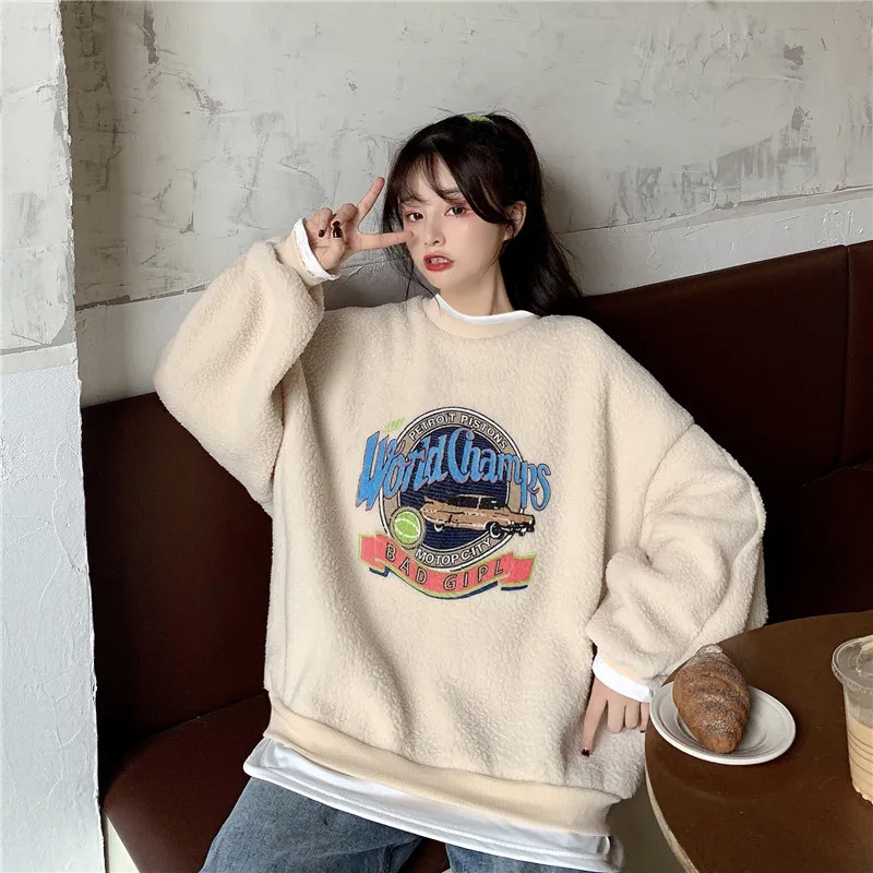Thick Warm Crewneck Vintage Hoodies Women Korea Winter Letter Print  Sweatshirt Velvet Harajuku Oversized Top Fake Two Pullover - Hoodies u0026  Sweatshirts - AliExpress