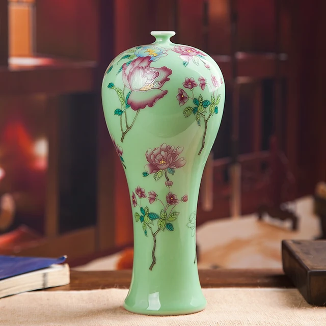 Ceramic Vase Peony Patteer Vase Peony Green Glaze Pastel Porcelain Home TV Cabinet Decoration Craft Ornaments 1