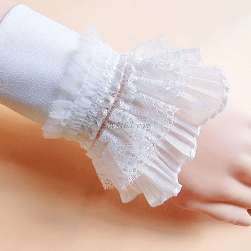 European Women Tiered Ruffles Lace Horn Cuffs Wrinkled Layered Princess Retro White Decorative Fake Sleeve Wrist Warmer |