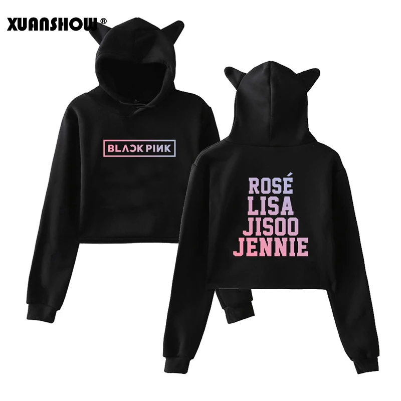 

XUANSHOW 2019 Sexy Crop Top Cute Women Hoodies Sweatshirts Sleeve BlackPink Kpop Clothes Harajuku Short Hoody Fleece Top Moletom