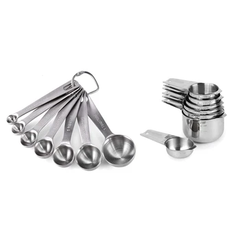 

2 Set Stainless Steel Stackable Measuring Spoons for Dry and Liquid Ingredients Etched Marked, 1 Set with Detachable Ring Holder