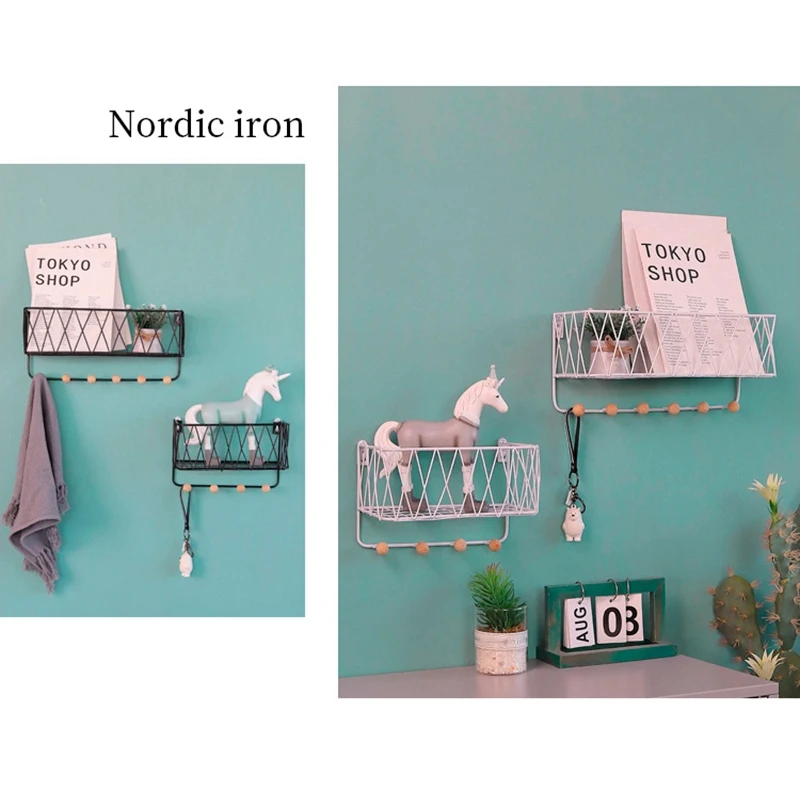 2Pcs Creative Simple Nordic Wrought Iron Grid Wall Shelf Ornaments Home Wall Hook Wall Mounted Storage Rack Decoration Housekeep