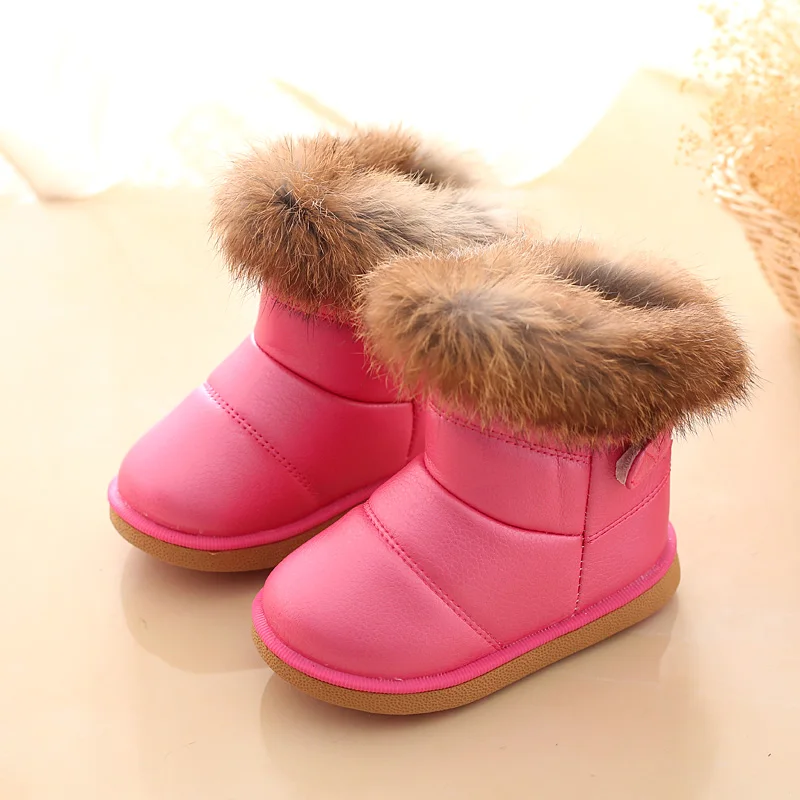 Новые модные детские зимние ботинки на кроличьем меху Детские теплые ботинки для маленьких девочек плюшевые водонепроницаемые ботинки европейские размеры 21-30 - Цвет: Красный