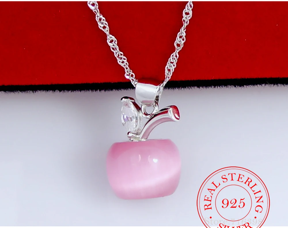 925 Silver Pink Opal Apple Pendant Earrings Necklace Set Women Xmas Jewelry 