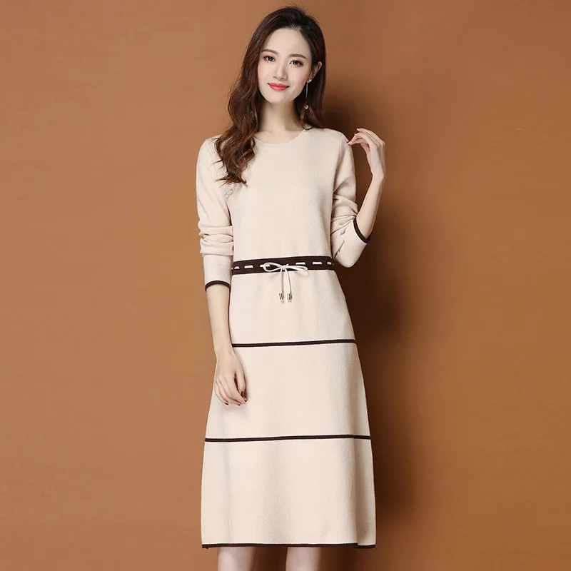 

Winter Dress Women Vintage Sashes Drawstring Long Sleeve Pullovers Elastic A Line Color Block O Neck Patchwork Sweater Dress