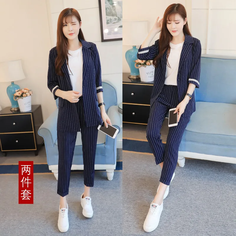 

2020 Spring New Style Waist Hugging Slimming Vertical Striped Half-sleeve Shirt Suit + Folding Capri Pants Two-Piece Set