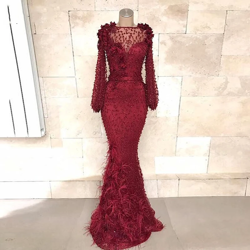 

Burgundy Mermaid Prom Dresses 2020 Hand Made Beading Feathers Evening Dress Long Sleeves Formal Party Gowns Robe de soiree