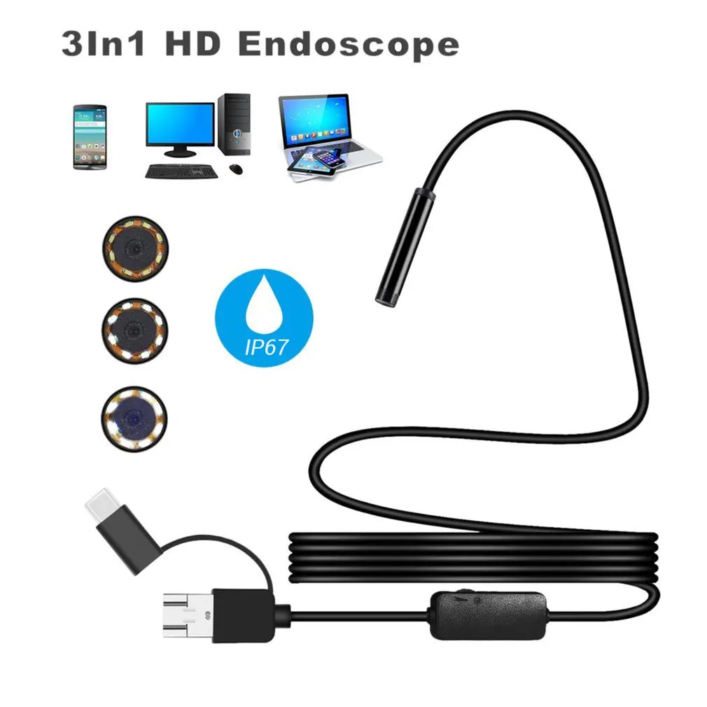 

3 in 1 USB Endoscope 720P Borescope Inspection Camera For Android Type-c PC Hard/Soft Cable Waterproof Snake Camera