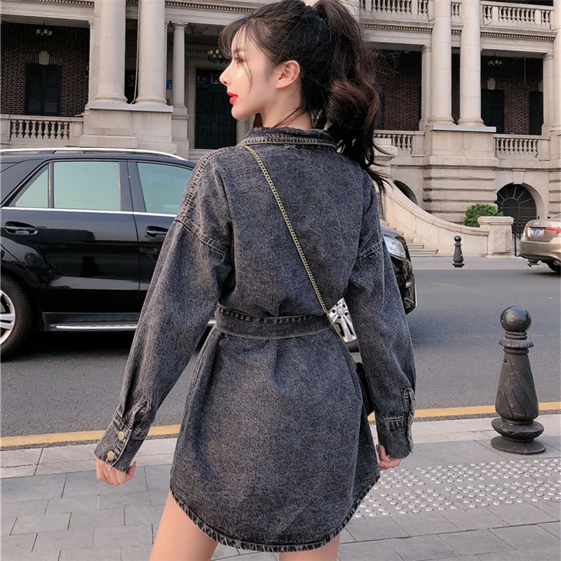 buy  Spring 2020 new Cowboy Coat Korean loose mid-length lace-up denim jacket women's Fashion Girl Jean 