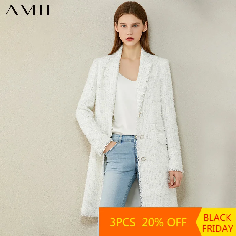 AMII Minimalism Autumn Winter Fashion Tweed Jacket