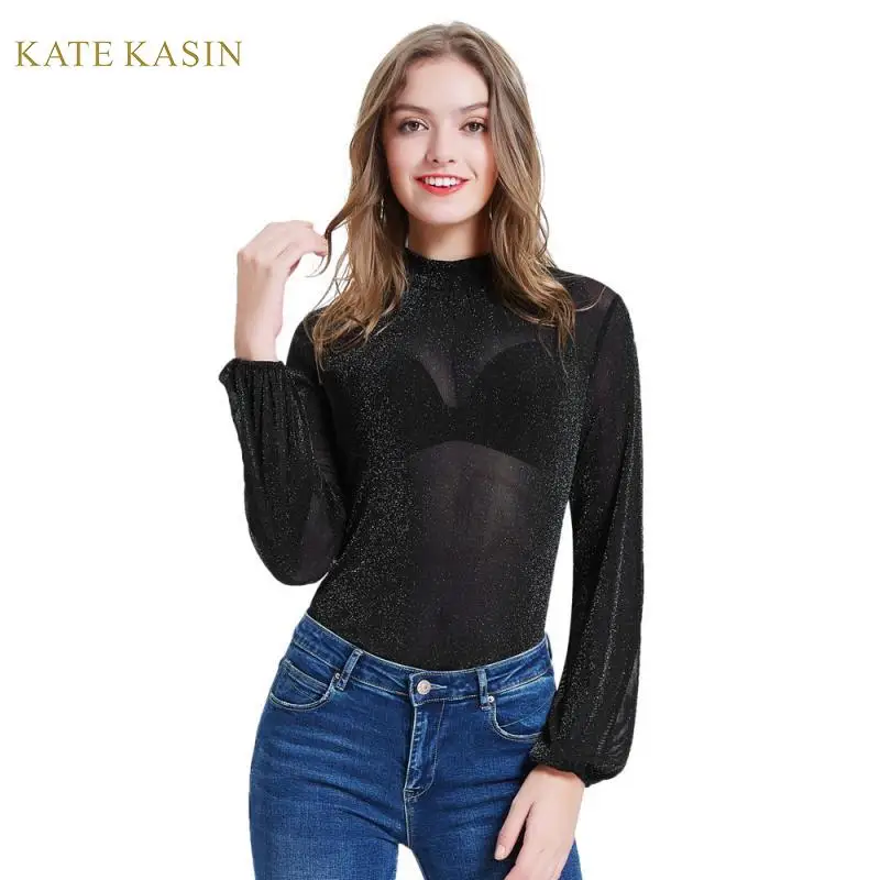 Kate Kasin/пикантные женские футболки прозрачные однотонные топы с длинными рукавами, тонкие женские вечерние футболки с высоким воротом