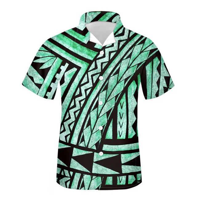 FORUDESIGNS Summer Men Shirts Polynesian Tribe Design Casual Loose Beach Camisas Oversized Chemise Homme V-neck Men Clothing Hot sky blue
