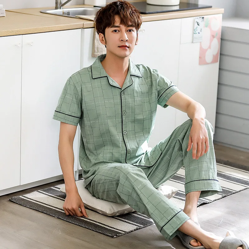 

2020 Summer New Style Men Pajamas Short Sleeve Trousers Pure Cotton Korean-style Thin Spring And Summer Days Home Wear All Cotto