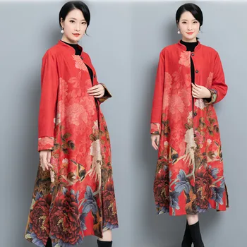 

2020 chinese style ladies cotton padded traditional embroidery warm long sleeve outwear loose female handmade button coat