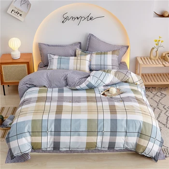 

Nordic style bedding sets,With Pillowcase 175×220 duvet cover Set，Blue and yellow grid 220×240 Quilt Cover, King Blanket cover