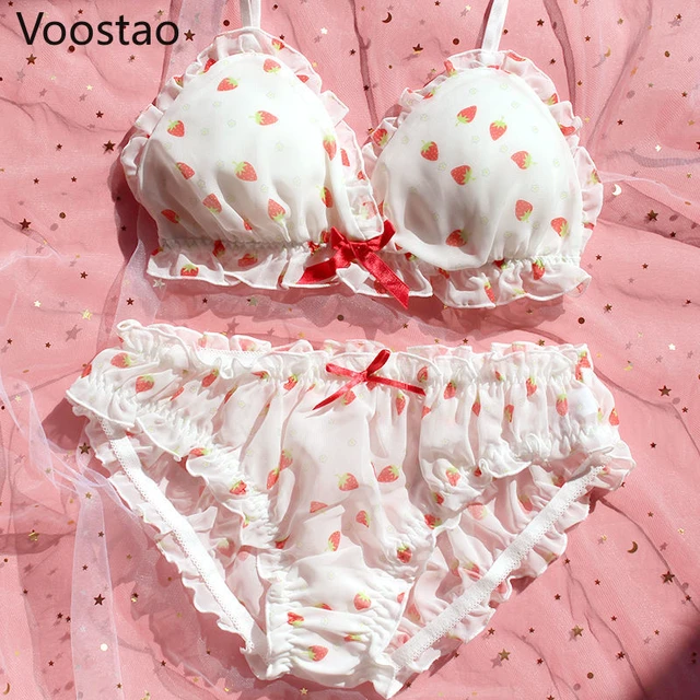 Sweet Lolita Style Women Cute Strawberry Print Bra Panties Lingerie Set  Japanese Girl Kawaii Soft Underwear