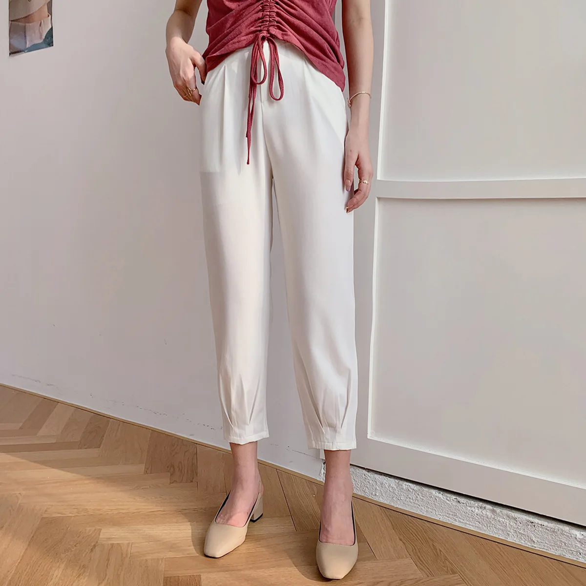 

2020 New Summer Casual Thin Loose Pants Female High-Waisted Elastic Ankle-Length Pants Solid Trousers