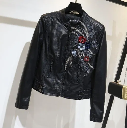 

Women Leather Jacket New Women's Korean-Style Embroidered Leather Jackets Short Artificial Leather Motorcycle Coat Black