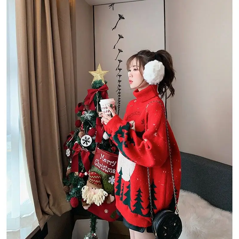 

Fashion Hong Kong Style loose wear Christmas turtleneck sweater women's autumn and winter thickened lazy style knitwear trend